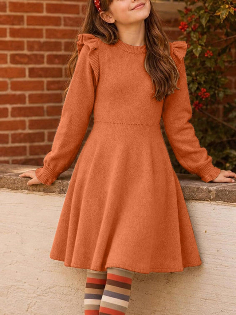 Girls Sweater Dress 2026 Midi Fall Winter Warm Long Ruffle Sleeve Round Neck Casual Pleated Teen Dresses