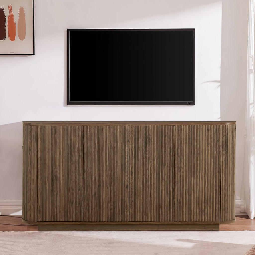 64" Fluted Buffet Cabinet with Storage, Walnut Sideboard Cabinet