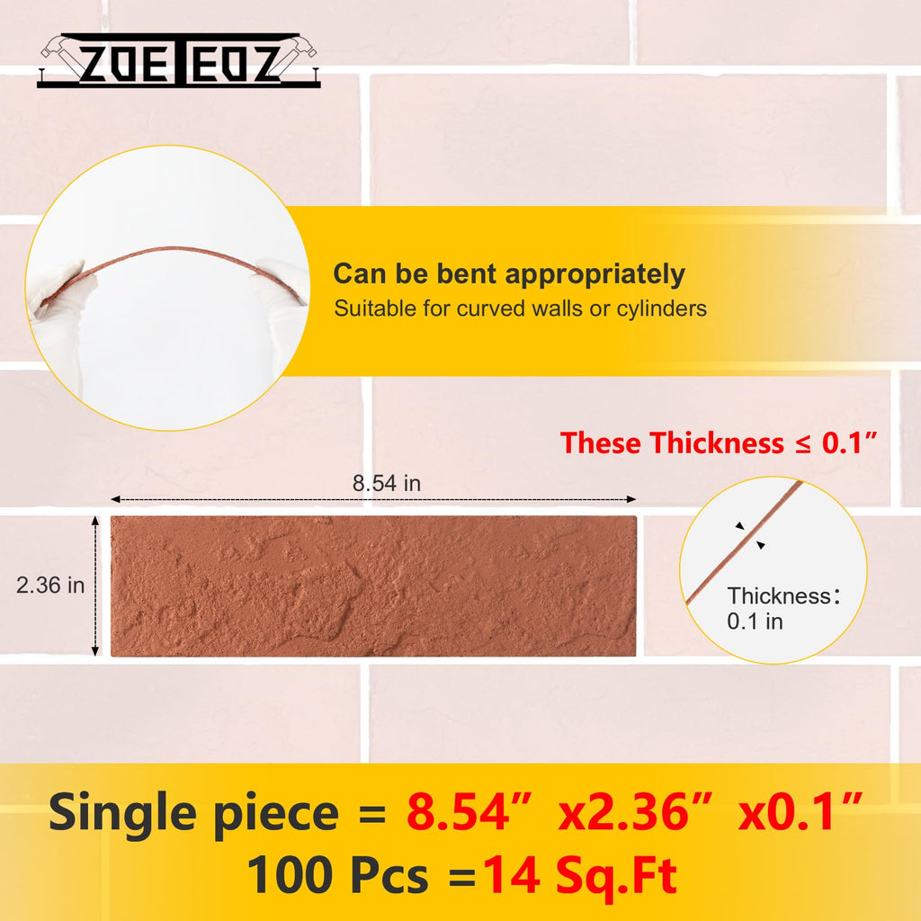 100 Pcs Faux Thin Brick Wall Tiles Veneers, Inorganic Modified Clay, 14 Sq.ft, Realistic Brick Texture and