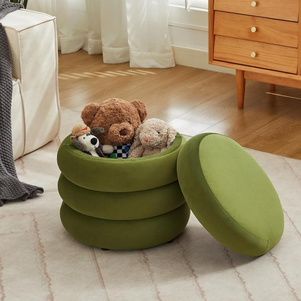 19.5" Storage Ottoman Round, Vanity Stools, Velvet Pouf Ottoman with Removable Lid, Modern Ottomam Stool for Girls