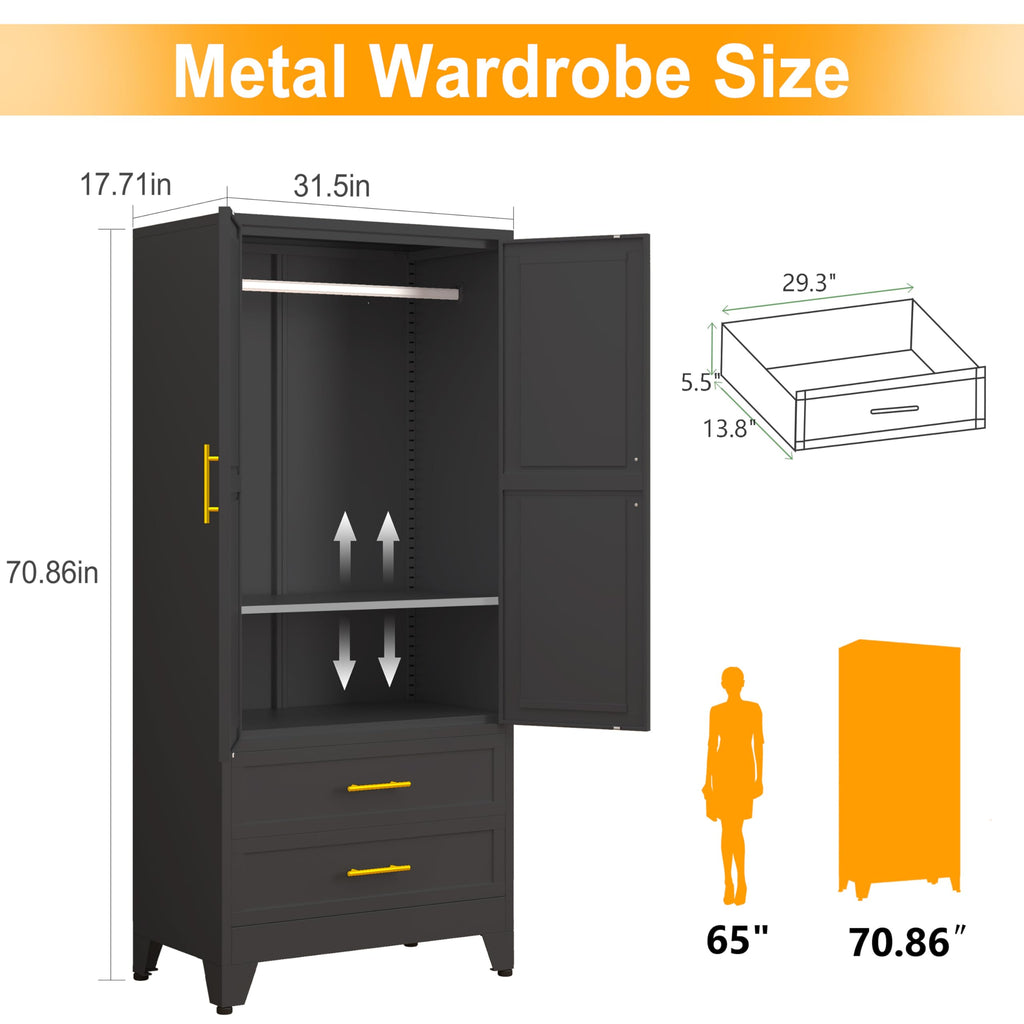 71" H Metal Armoire Wardrobe Closet with 2 Drawers, Adjustable Shelve, Clothes Drying Pole, Steel Wardrobe Cabinet