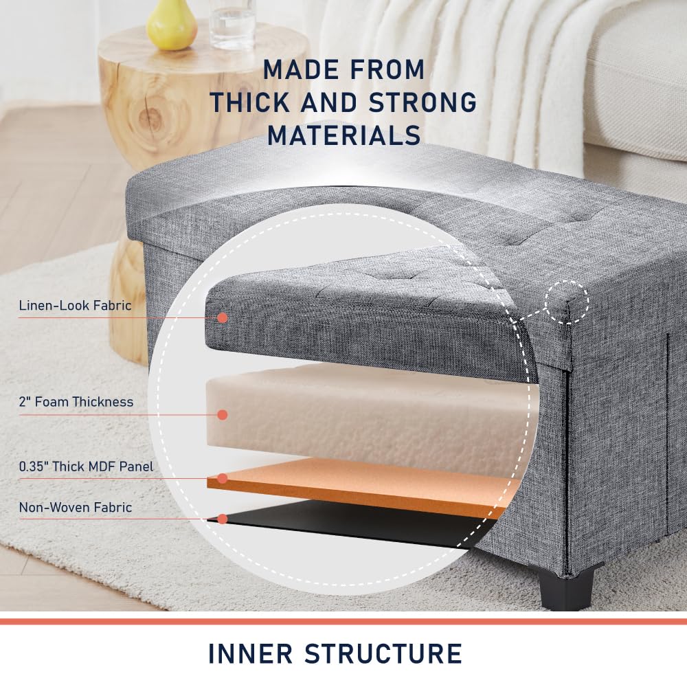 30" Large Storage Ottoman Bench with Legs, Gray
