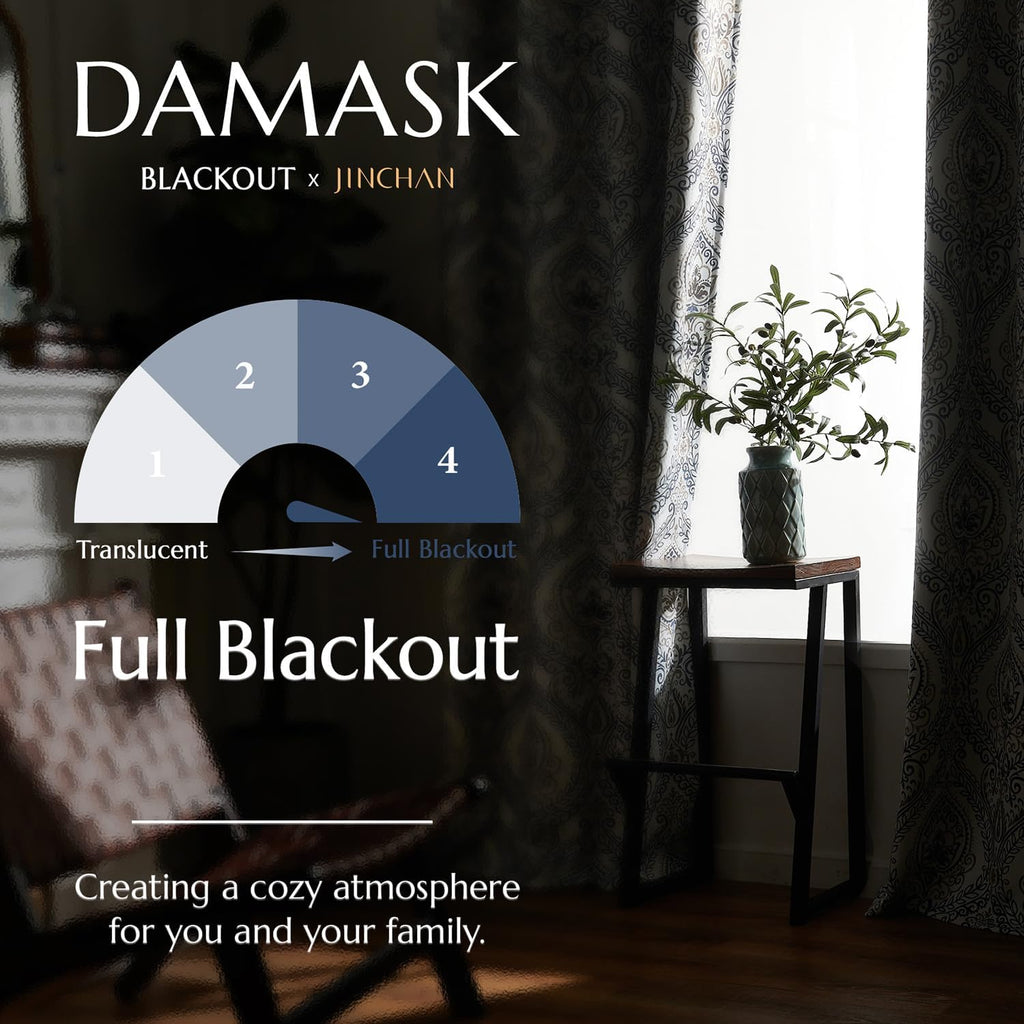 Blackout Curtains 84 Inches Long Blue Damask Medallion Curtain for Bedroom Black Out Drapes Printed Vintage Luxury