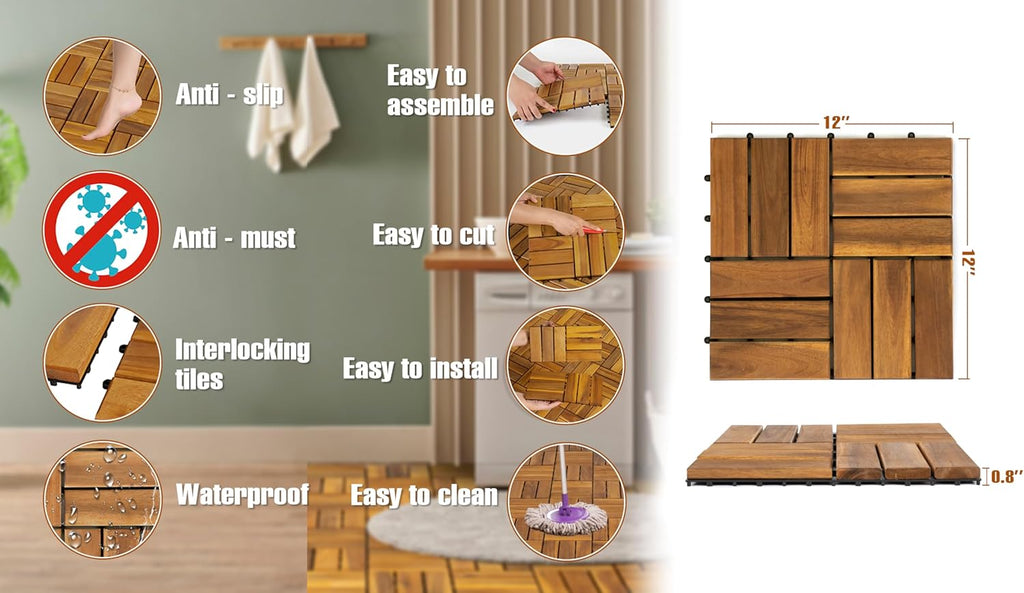 Pack of 10 Deck Tiles - 12"x12" Interlocking Natural Solid Acacia Wood for Outdoor & Indoor, Patio Garden, Balcony