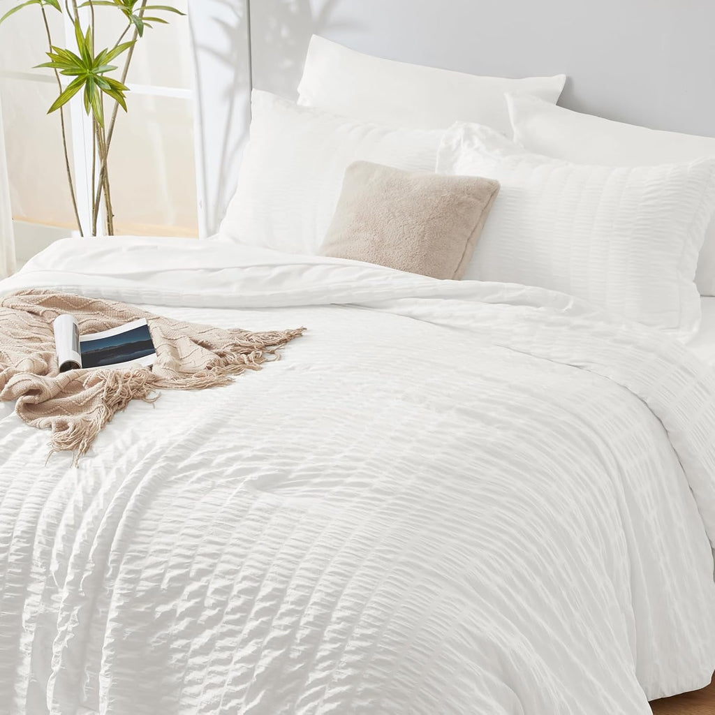 Oversized Queen Comforter Set White Seersucker 7 Pieces 98x98 Bed in a Bag Comforter Set with Sheets