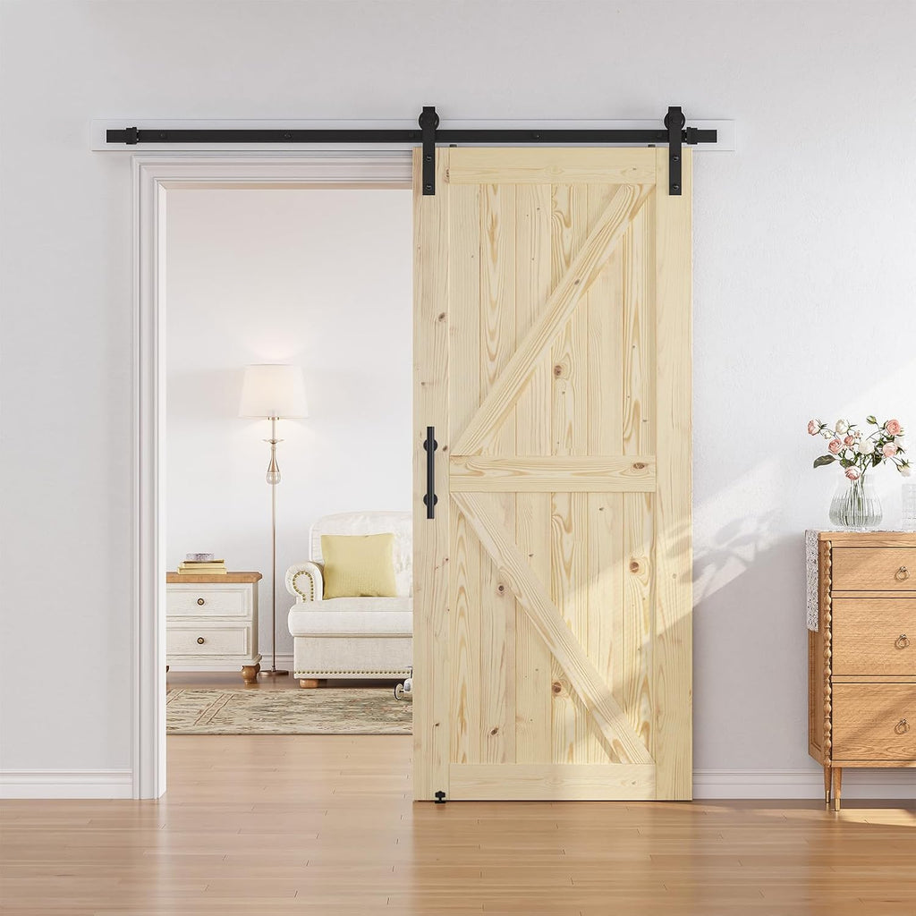 36in x 84in Sliding Barn Door with 6.6ft Barn Door Hardware Kit Included, Unfinished Solid Spruce Wo