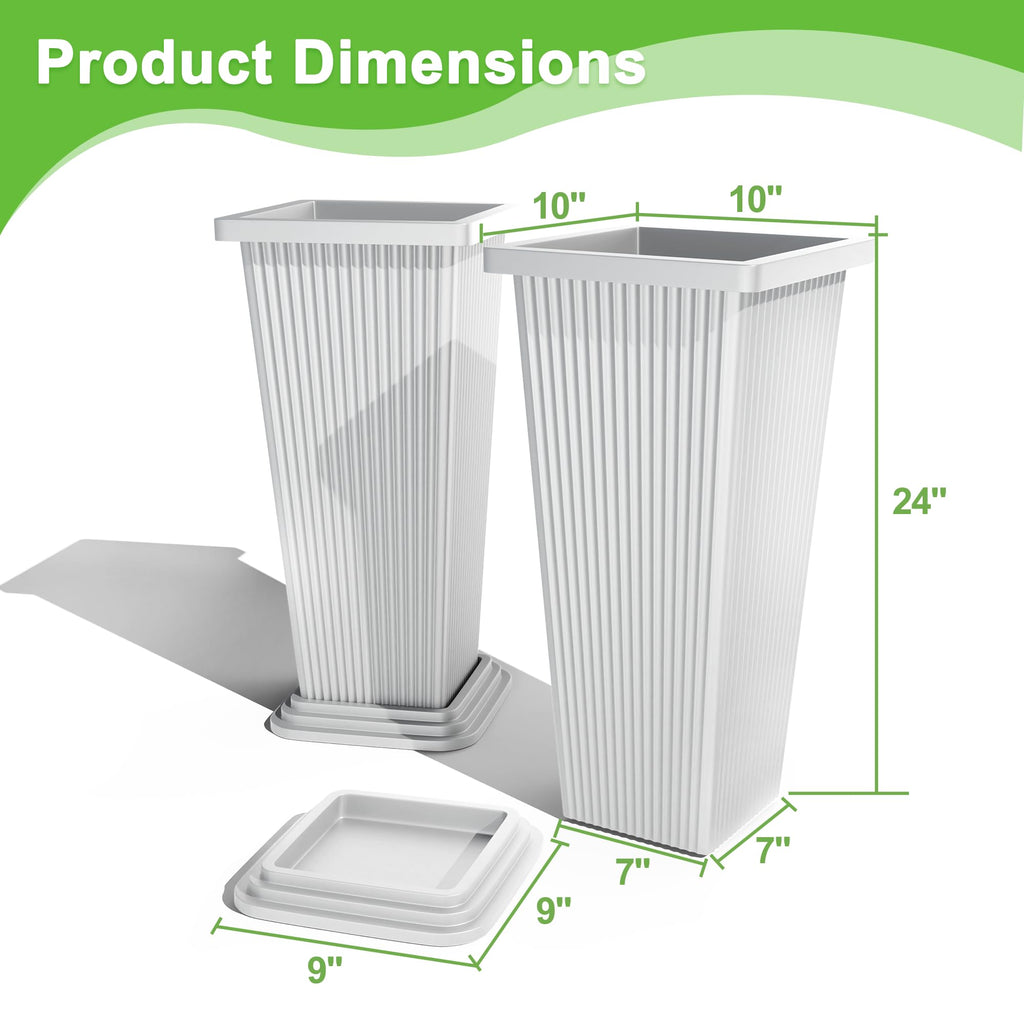 Set of 2 Tall Planters for Outdoor Plants, White Ribbed