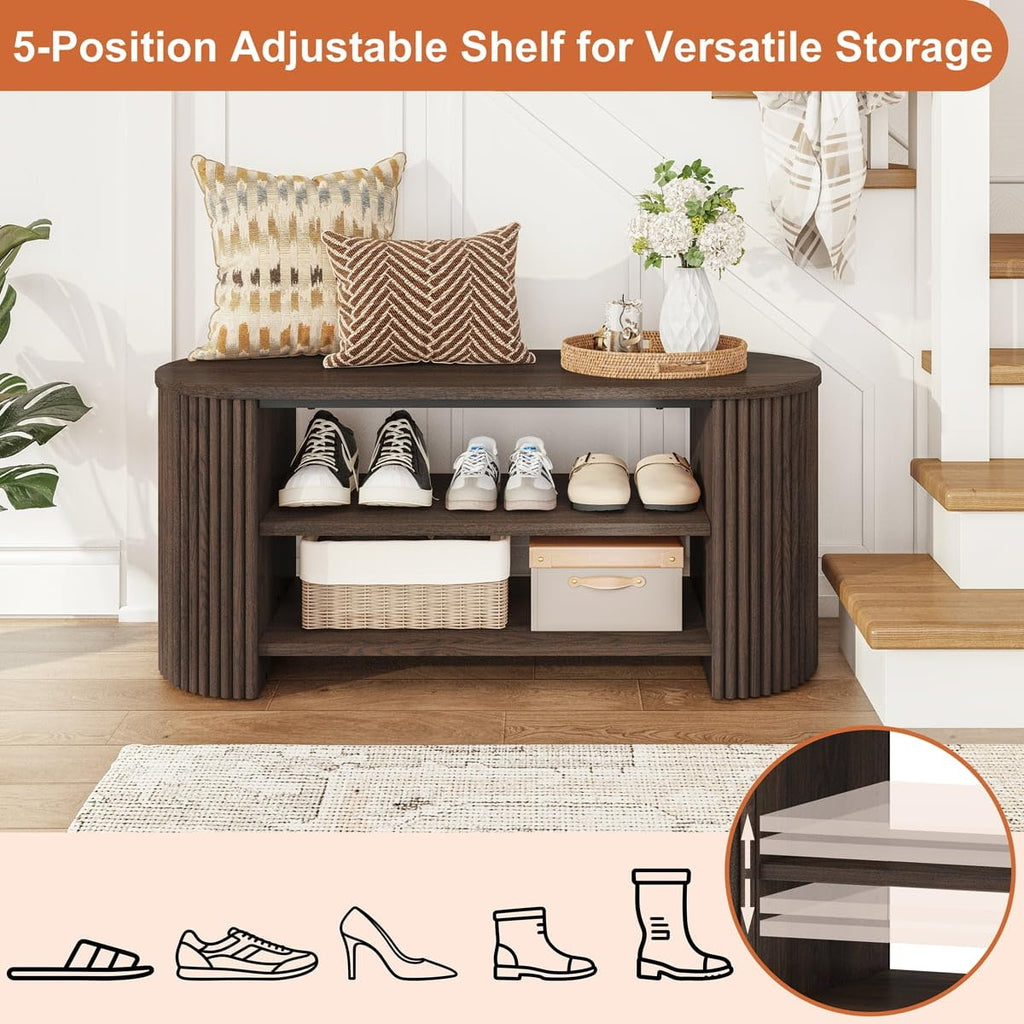 Shoe Storage Bench, Oval Fluted Entryway Bench with 5-Position Adjustable Shelf, Modern Mid-Century Wood Benches