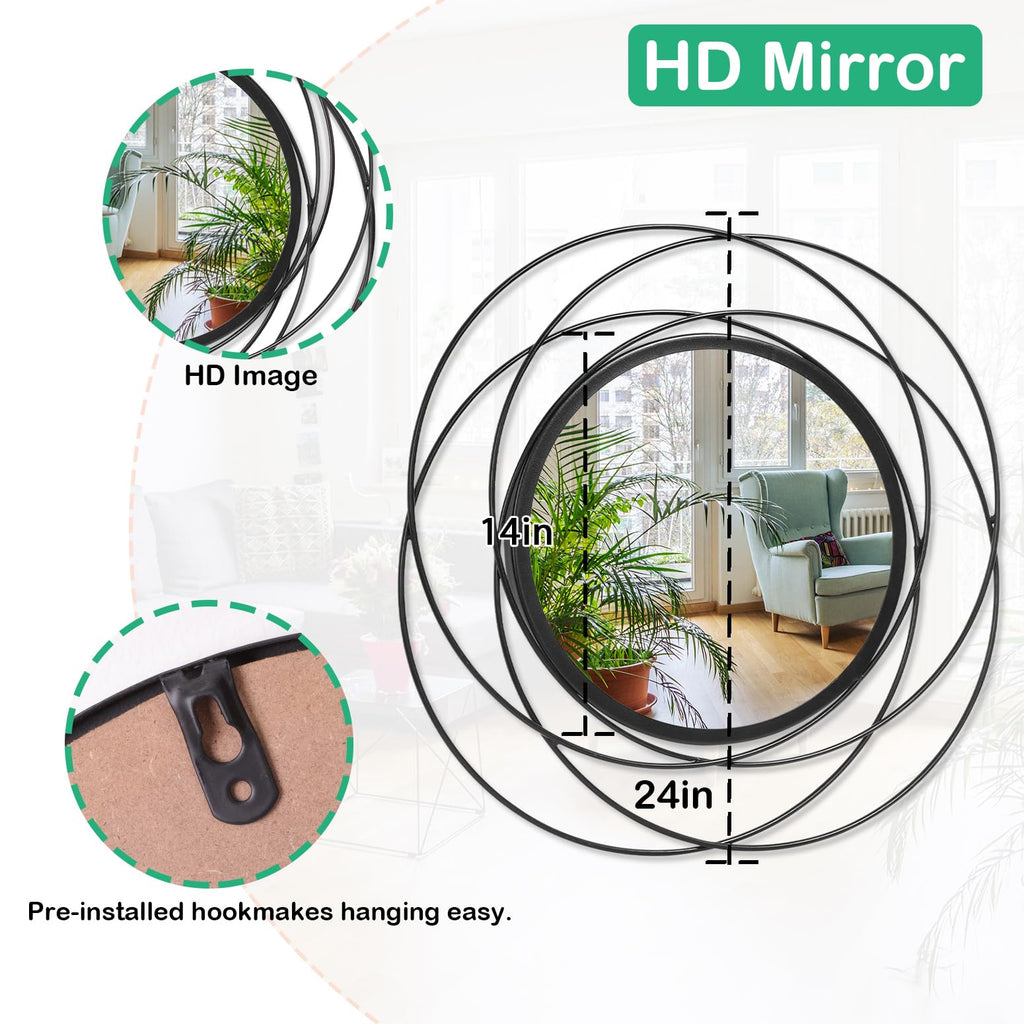Round Black Mirror 24" Wall Decor, Black Accent Framed Circle Bathroom Mirror, Decorative Vanity Mirror, Circular