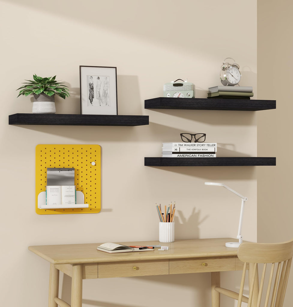 Black Floating Wall Shelves 24in Deep Set of 3 Holds 37lbs