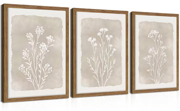 Framed Boho Botanical Flower Wall Art Set of 3, Vintage Minimalist Neutral Floral Wall Decor Paintings, Rustic