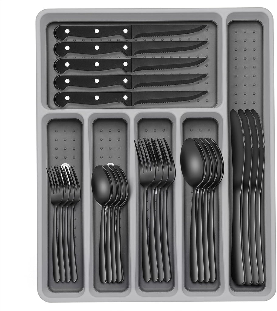 49-Piece Black Silverware Set with Organizer, Heavy Duty Stainless Steel Flatware for 8