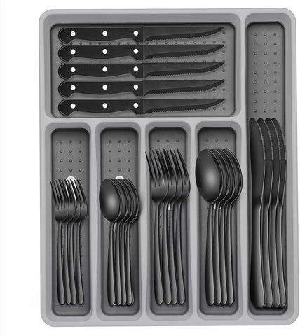 49-Piece Black Silverware Set with Organizer, Heavy Duty Stainless Steel Flatware for 8