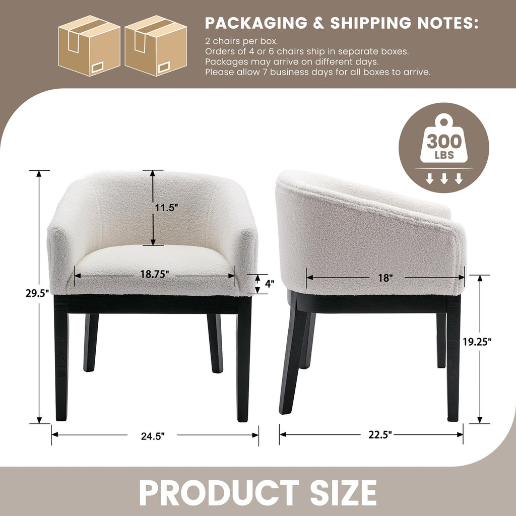 White Mid Century Modern Set of 4, Farmhouse Boucle Upholstered Accent Curved Backrest Kitchen Chairs Armchairs with