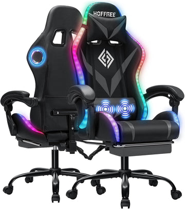Gaming Chair with Bluetooth Speakers RGB LED Lights Computer Chair-Grey | Ergonomic Massage Game Chair with Footrest