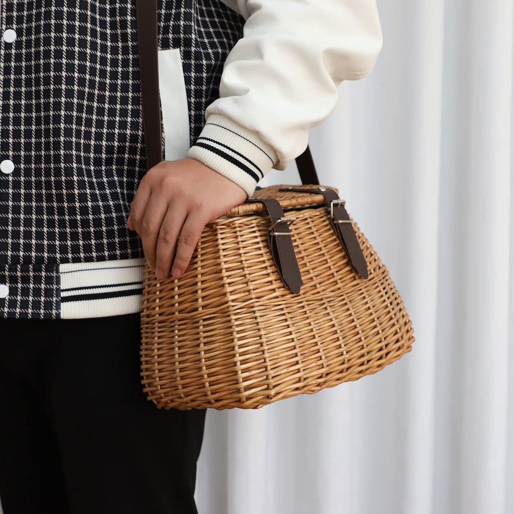 Wicker Picnic Fishing Creel Basket with Lid & Shoulder Strap