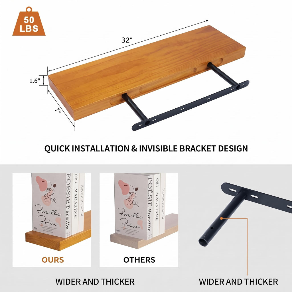 Floating Shelves for Wall 32 Inch Solid Real Wood Shelves Set of 2 Rustic Farmhouse Wall Mounted Wood Shelf Living