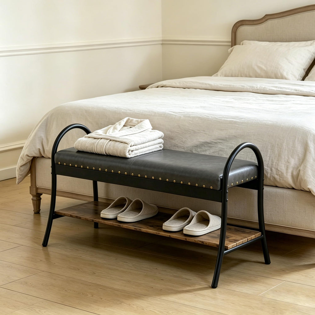 39.4" Shoe Bench with Shelf, Industrial Faux Leather Entryway Bench