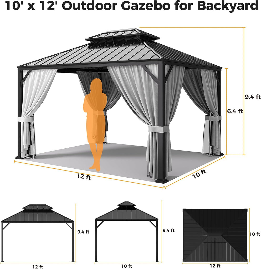 10'x12' Outdoor Hardtop Gazebo, Aluminum Patio Gazebo with Galvanized Steel Double Roof
