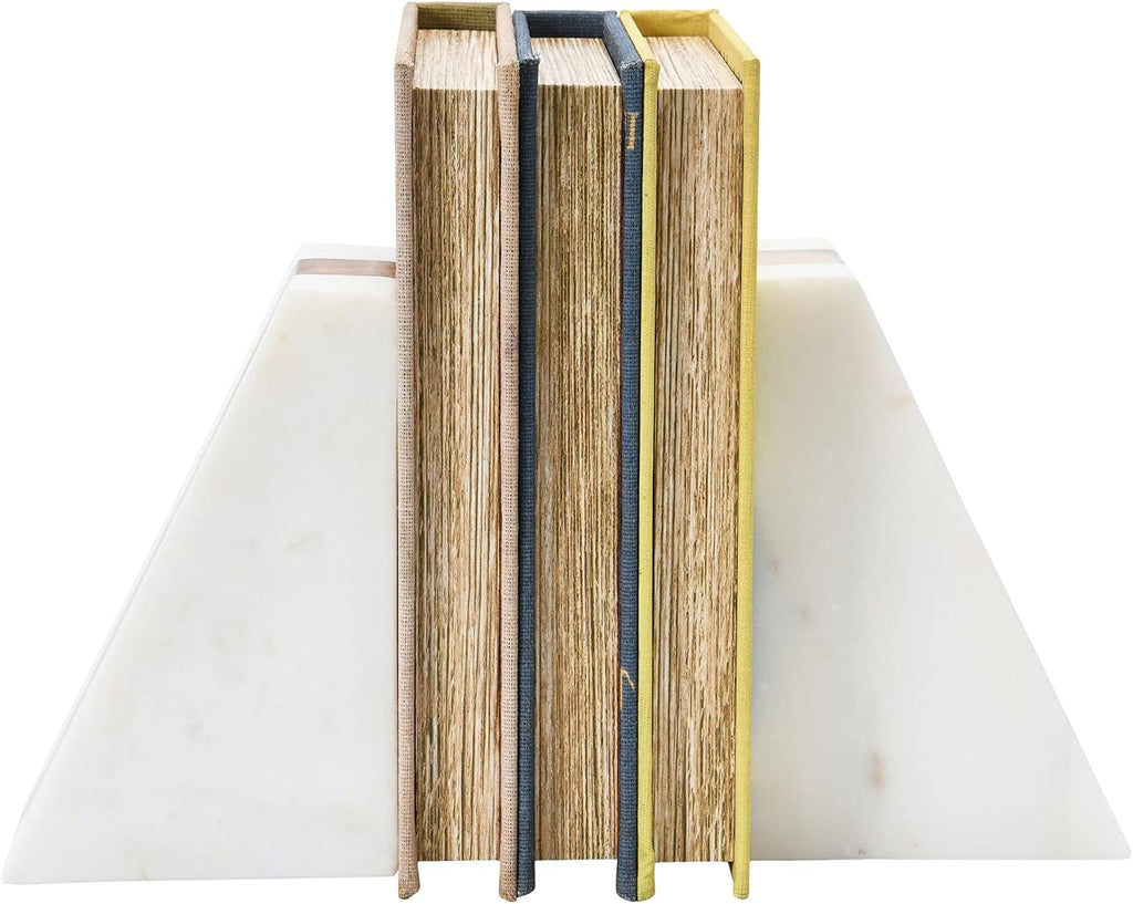 Marble Geometric Bookends with Wood Inlay, White