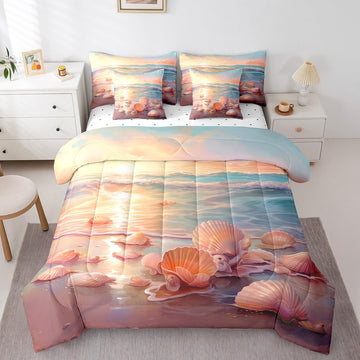 Ocean Bedding Sets 7-Piece Tropical Hawaii Comforter Set Hawaii Beach Comforter Set with Sheets Seashell Conch