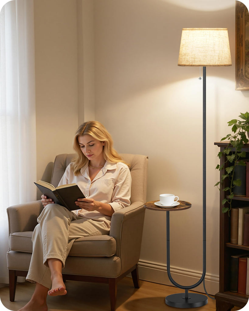Floor Lamp with Side Table, Standing Lamp with Tray, Pull-Chain Switch, 3 Color Temperatures, 9W LED Bulb Included