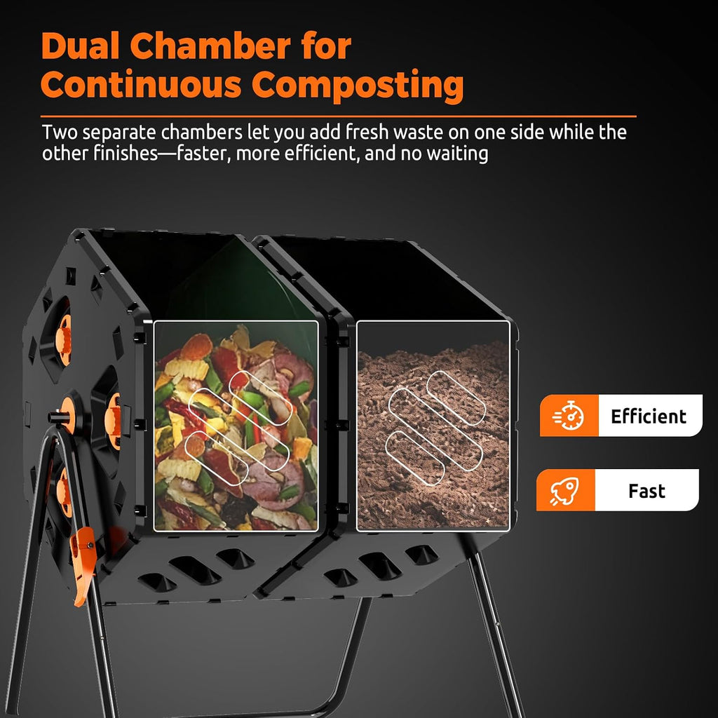 45 Gallon Large Compost Tumbler Outdoor, Dual Chamber Compost Bin | 360° Tumbling, Snap-Together Assembly, Heavy Duty
