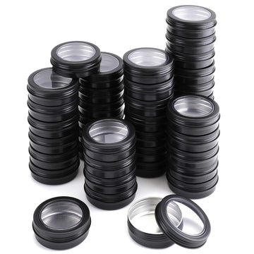 40 Pack 2 Ounce Round Tins Screw Lid Containers with Clear Window Matte Black Metal Empty Tin Cans Aluminum Travel