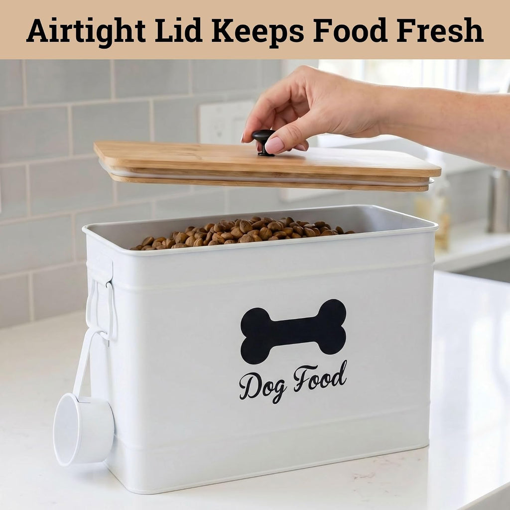 Metal Dog Food Container 15-20 lbs w/ Airtight Bamboo Lid, 70 Cup Capacity