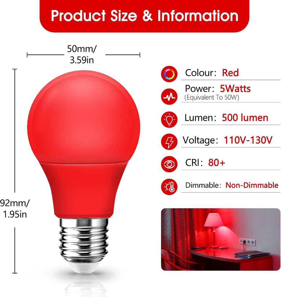 A15 LED Red Light Bulb for Outdoor Porch, 5W(40W Equivalent) E26 Base 500lm
