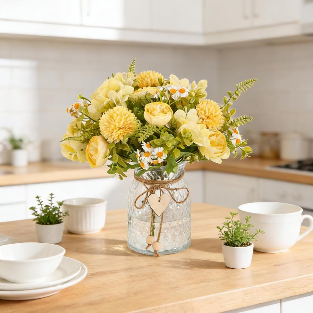 Faux Flowers with Vase,Artificial Silk Peony in Vases Fake Flower Hydrangeas Arrangement for Dining Table Home Office