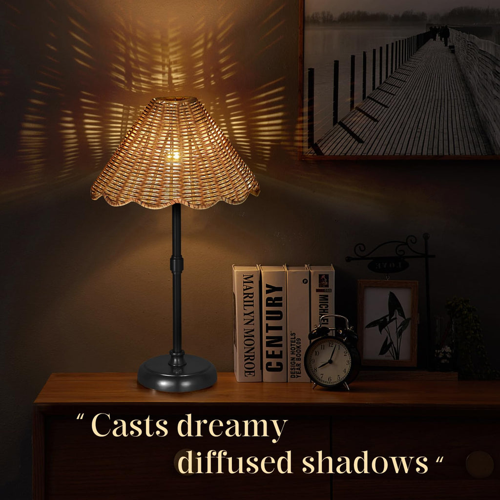 Cordless Boho Rattan Table Lamp Black, 5200-mAh Rechargeable Battery, 3-Level Brightness Dimmable, Build