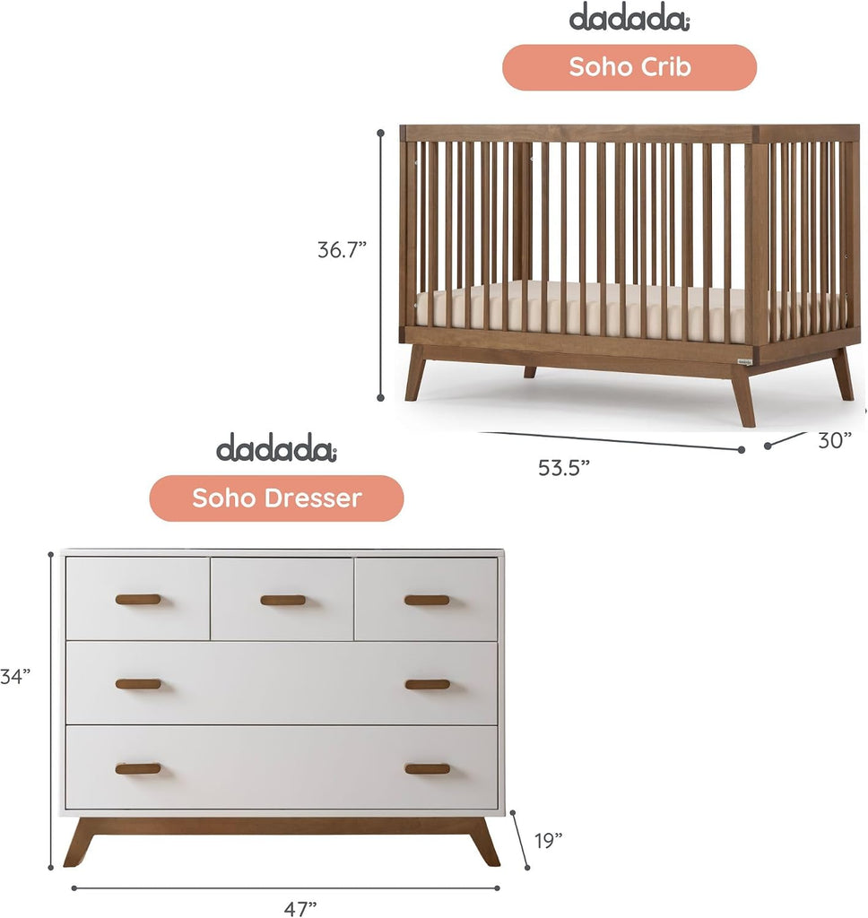 Nursery Furniture Set, Baby Crib and Dresser Combo, Walnut | Soho 3-in-1 Convertible Beechwood Baby Crib Made in