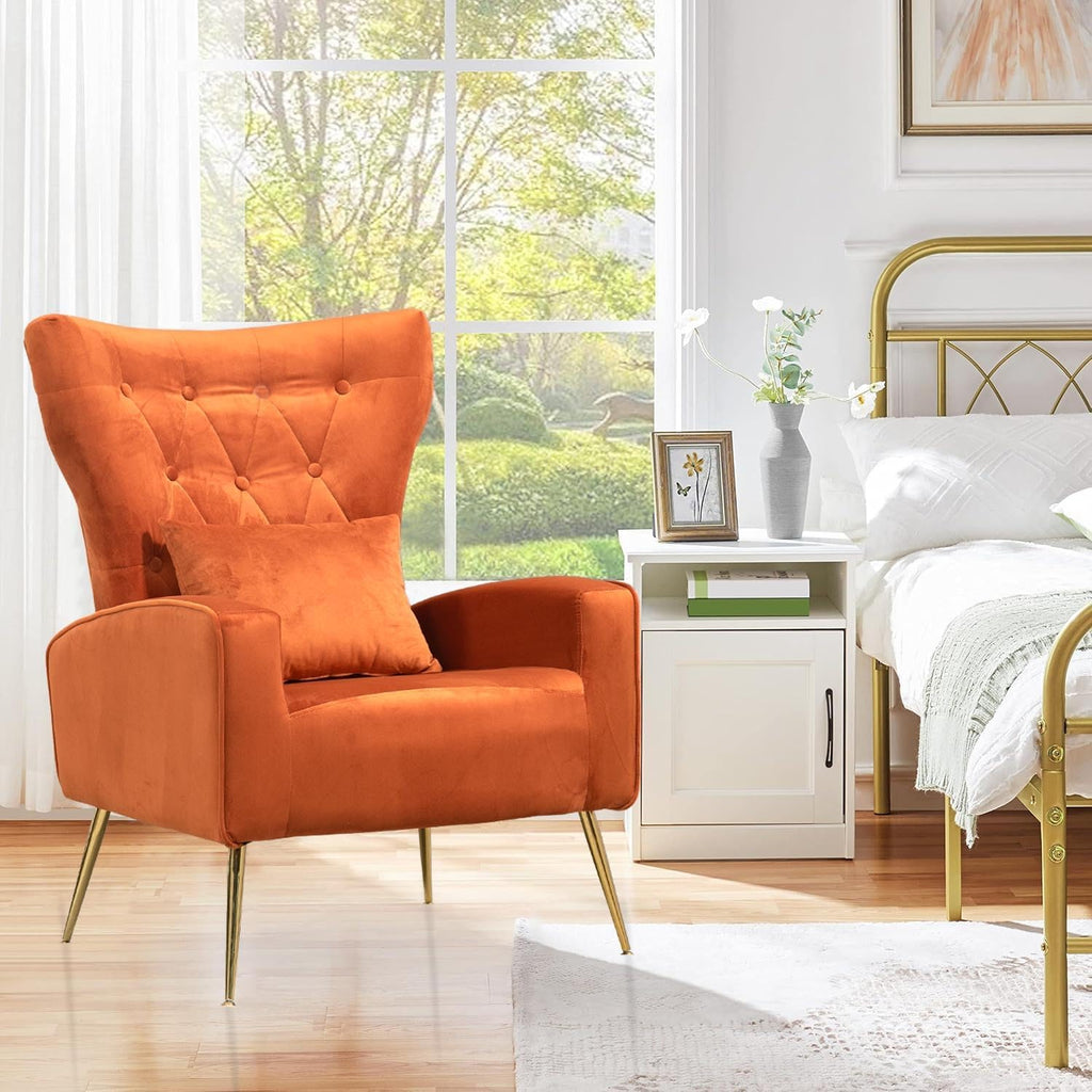 Mid-Century Accent Chairs Set of 2, Wingback Chair with Arm & Gold Legs, Living Room Bedroom Side Chair with Lumbar