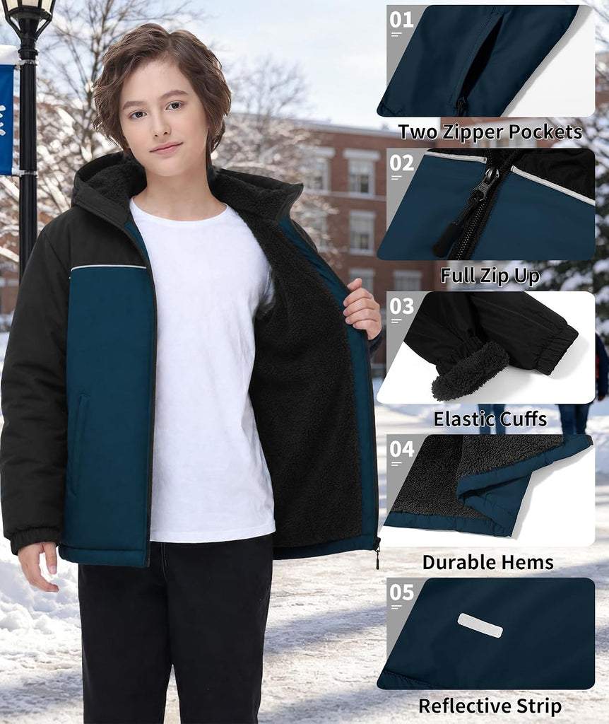 Boys Girls Fleece Waterproof Jackets Sherpa Lined Hoodies Zip Up