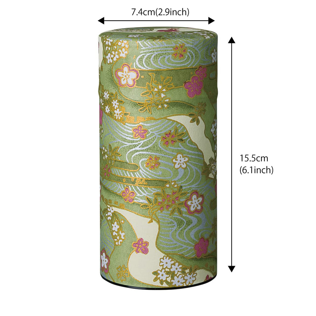 Japanese Tea Canister Tin Shikisai(Four Seasons Color) Green/Double Lid/Japanese Washi Paper Pasted /200g Tea