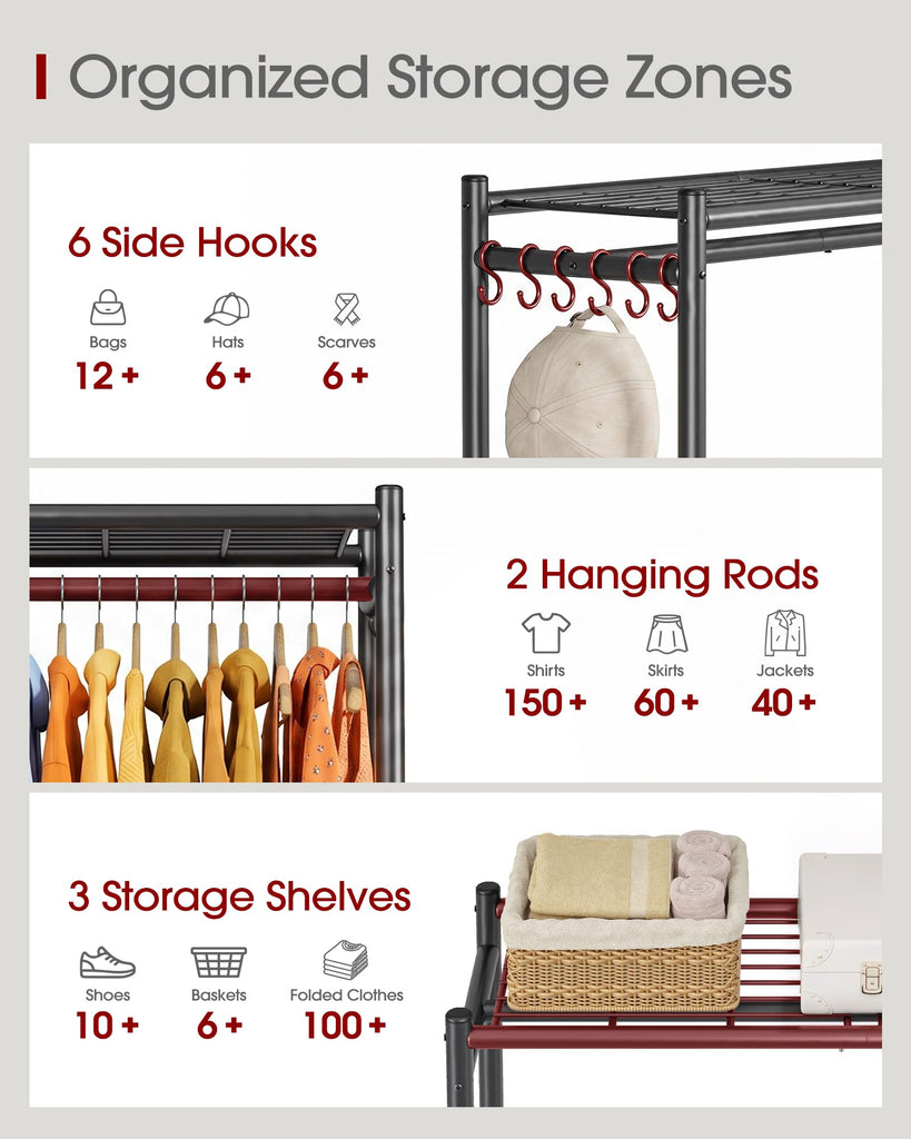 Clothes Rack - 33.0" x 12.2" x 79.5" Clothing Rack with Shelves & Wheels, Multi-Functional Wardrobe Closet with