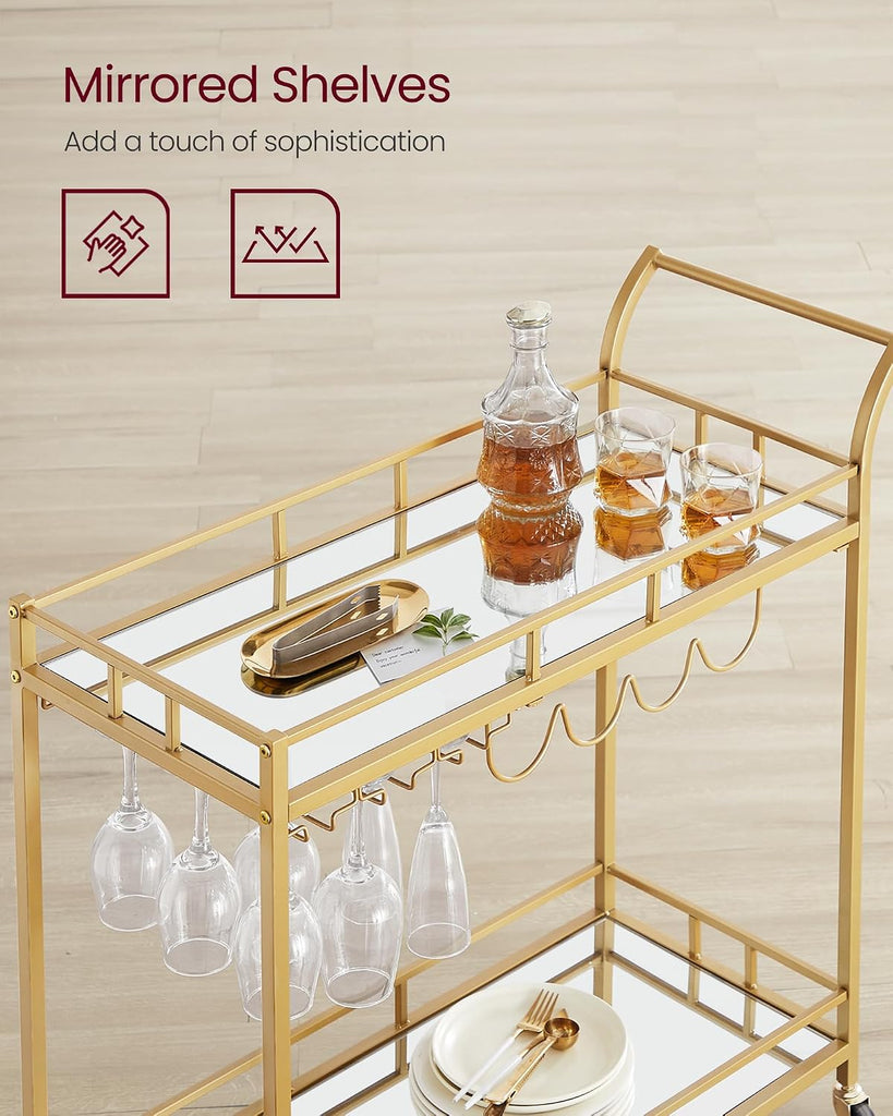Bar Cart with 2 Mirrored Shelves, Wine Holders, Glass Holders | Home Bar Serving Cart, Wine Cart, Light Red Gold and