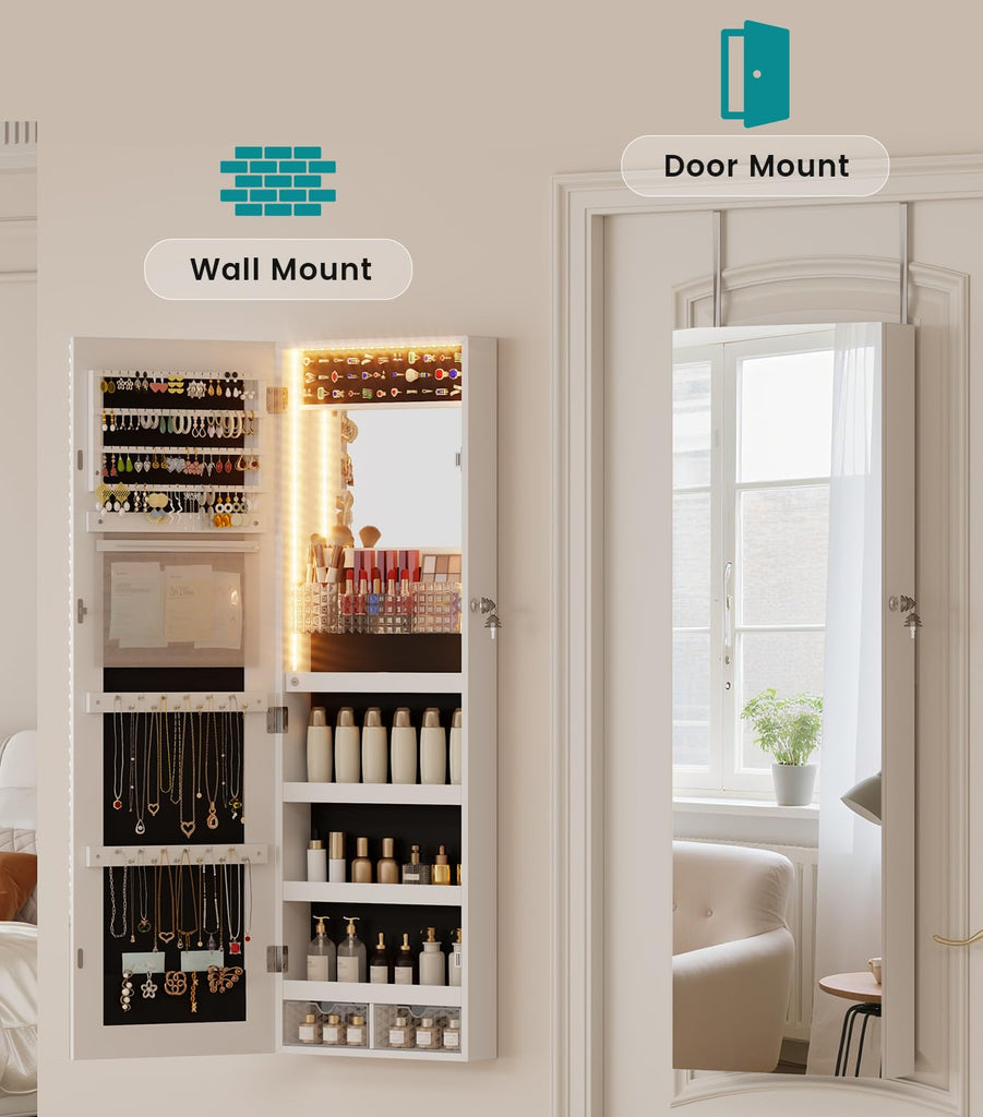 LED Mirror Jewelry Cabinet, Over Door/Wall Mounted Jewelry Organizer