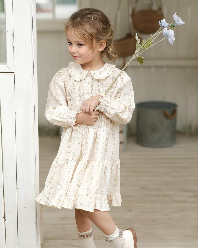 Toddler Girls Dress Smocked Dresses|Floral Print Long Sleeve Dress with Peter Pan Collar | Casual Ruffle Dresses
