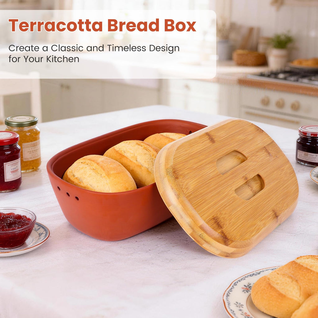 Terracotta Bread Saver Box with Gift Box, Internal 9.8"x5.1"x3.9" Small Bread Bin with Natural Bamboo Lid,Food-Safe