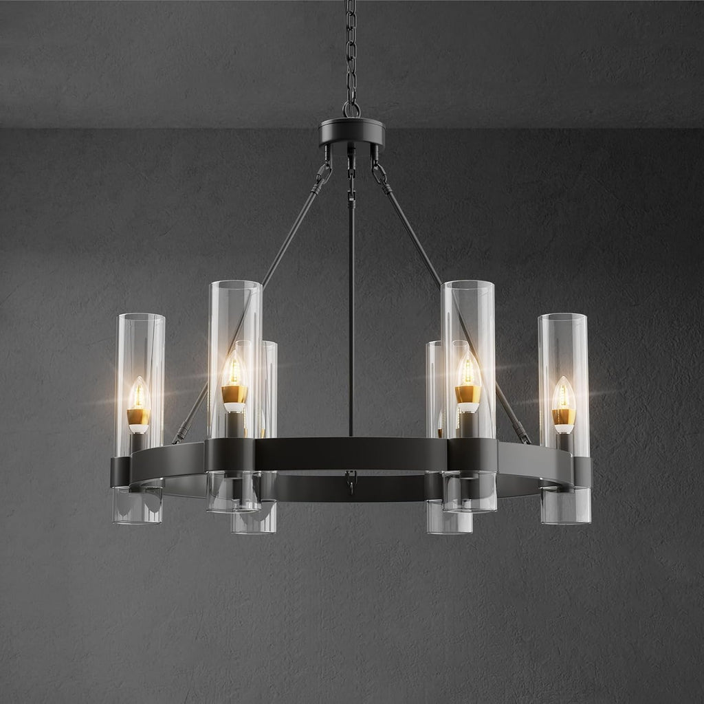 Black Wagon Wheel Chandelier, Modern Chandelier with Glass Shade, 6-Light Large Round Chandelier, Farmhouse Chandeliers for Dining Room, Living Room, Bedroom and Entryway A115-B09232JP4T