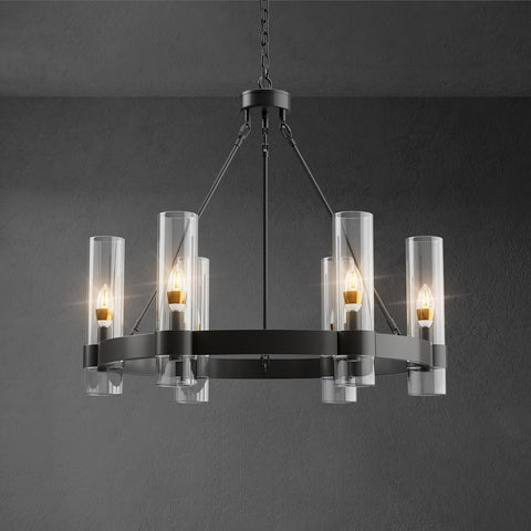 Black Wagon Wheel Chandelier, Modern Chandelier with Glass Shade, 6-Light Large Round Chandelier, Farmhouse Chandeliers for Dining Room, Living Room, Bedroom and Entryway A115-B09232JP4T