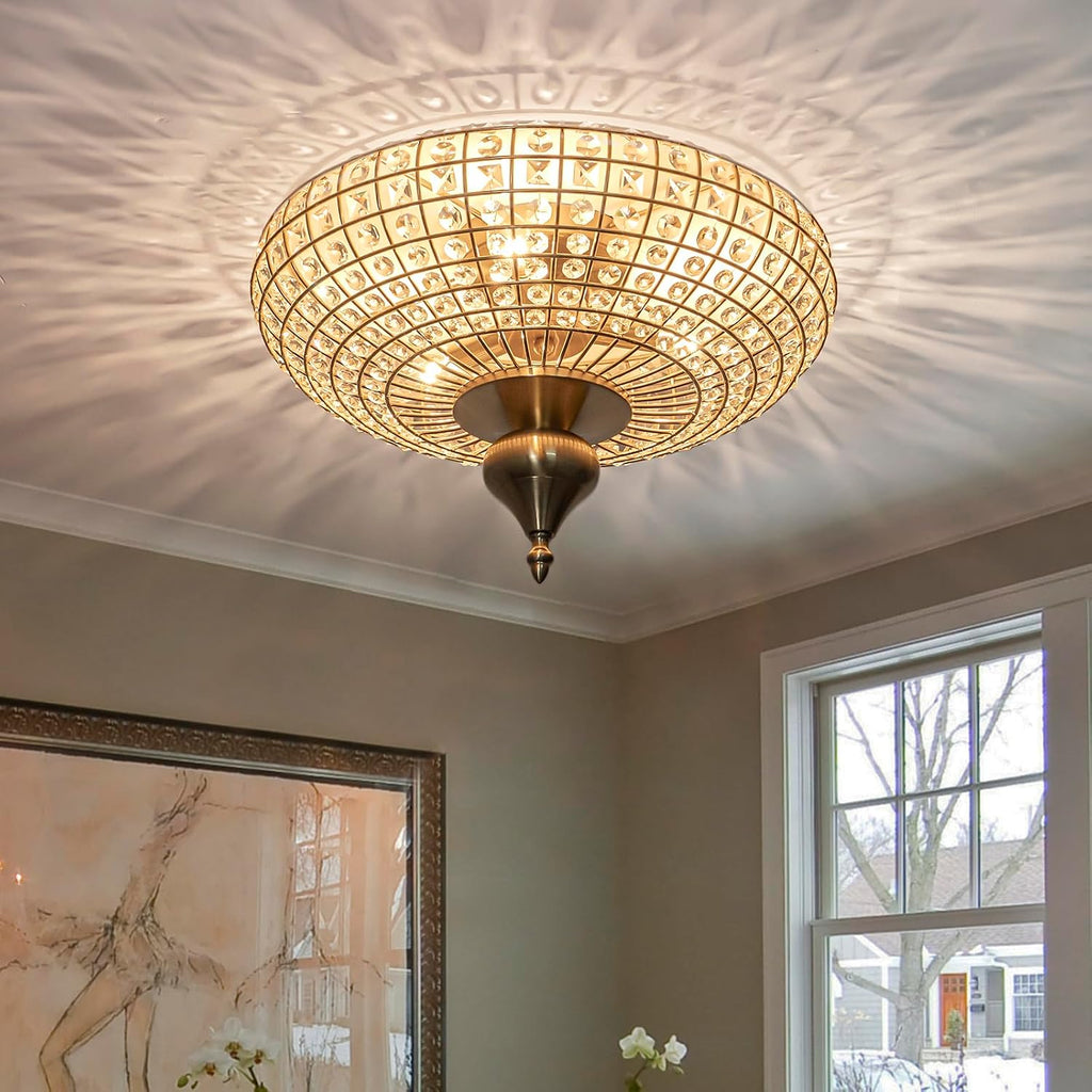 3-Light Vintage Crystal Ceiling Light Semi-Sphere Brass Chandelier with Handcut Beads,16" Antique Crystal Flush Mount