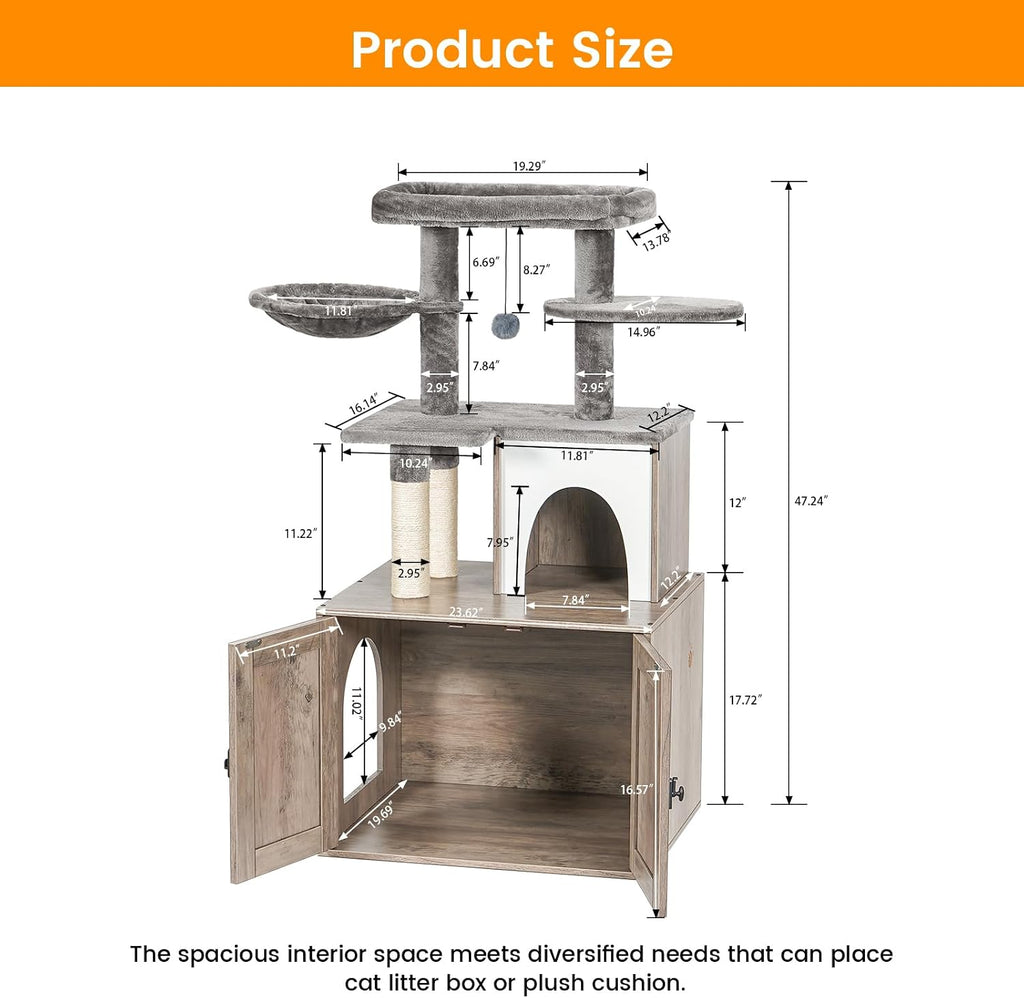 Cat Litter Box Enclosure with Tree Tower and Condo, Hidden Washroom Furniture with Sisal Scratching Post and Soft