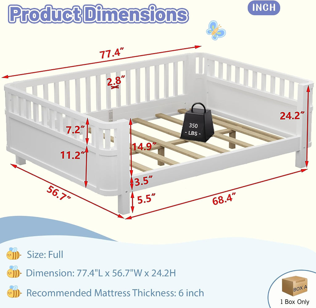 Bed Frame for Kids with Rails, Low Profile Montessori Bed with Detachable Side Rail, Solid Pine Wood Kids