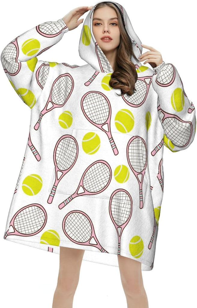 Sports Seamless Pattern With Tennis Ball And Racket Icons In Flat Design Style Adult Flannel Hooded Blanket