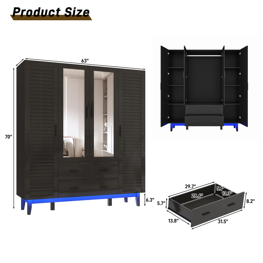4 Door Armoire Wardrobe Closet Cabinet with Drawers and LED Lights, Multi-Tier Shelves, Hanging Rod & Louver Doors
