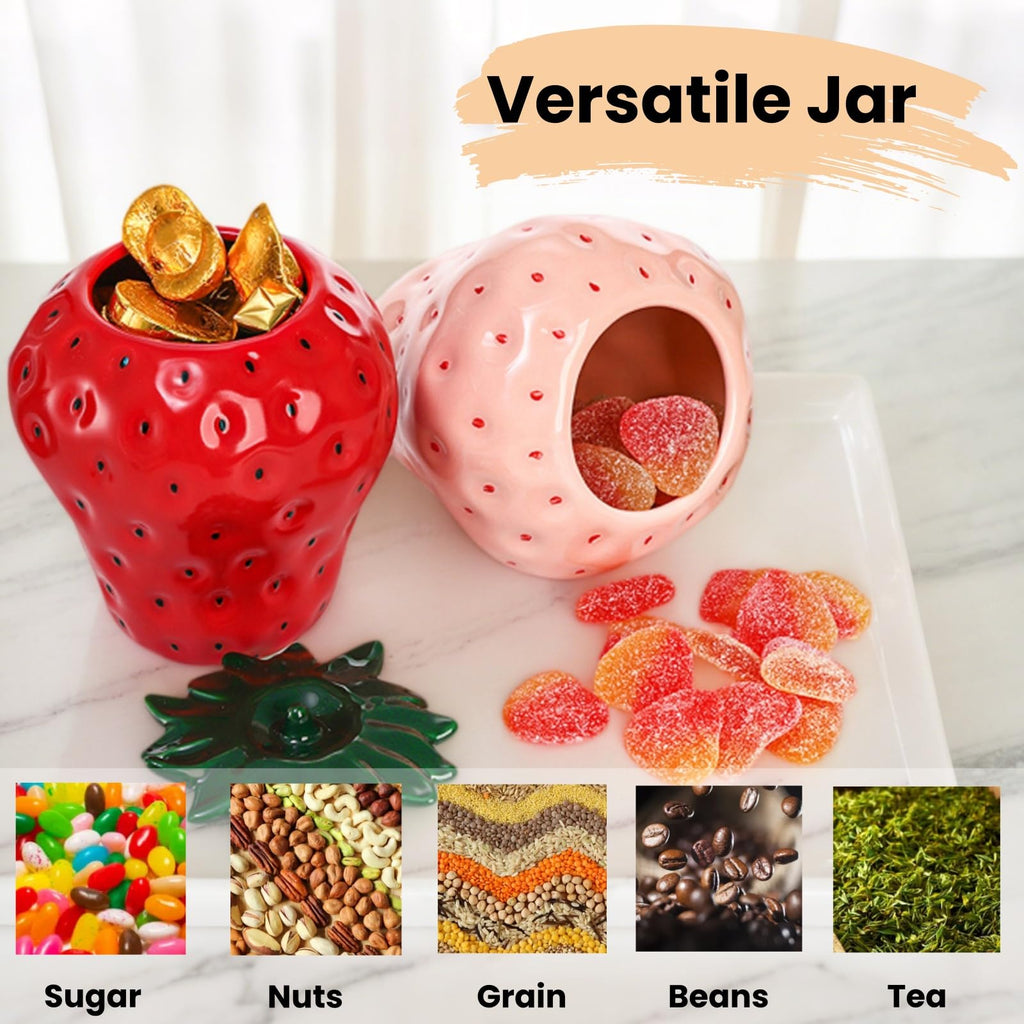 2 Pack Strawberry Storage Jars, 14 OZ Ceramic Cookie Containers with Airtight Lids, Cute Sugar Canisters Set, Candy