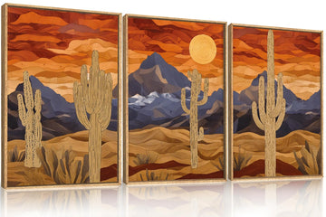 Mountains Desert Framed Canvas Wall Art Set, Abstract Sun Art Prints, Modern Cactus Paintings Artwork, Mid Century
